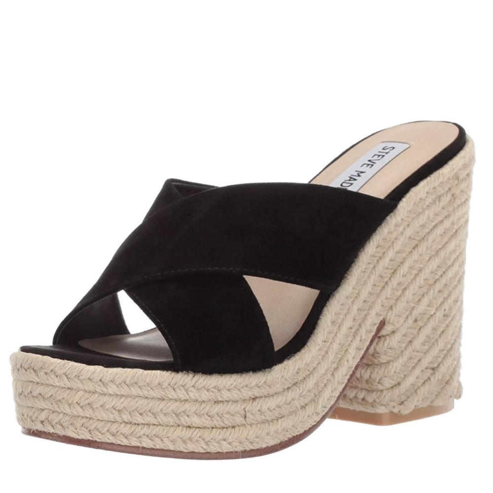 Steve Madden Women's Damsel Wedge Sandals black suede leather Y2K platform 5